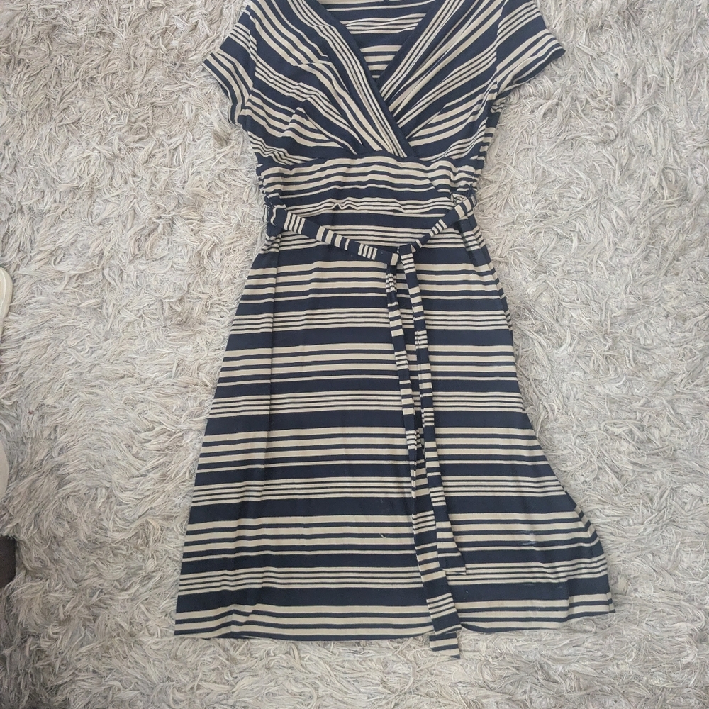 Talbots Navy and Cream Striped Wrap Midi Spring / Summer Dress